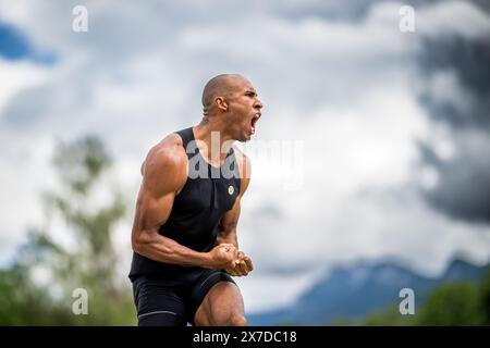 Gotzis, Österreich. Mai 2024. Der Kanadier Damian Warner feiert während der Herren-Decathlon-Veranstaltung am zweiten und letzten Tag des Hypo-Meetings, IAAF World Combined Events Challenge, im Mosle-Stadion in Gotzis, Österreich, Sonntag, den 19. Mai 2024. BELGA FOTO JASPER JACOBS Credit: Belga News Agency/Alamy Live News Stockfoto