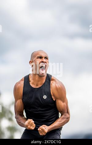 Gotzis, Österreich. Mai 2024. Der Kanadier Damian Warner feiert während der Herren-Decathlon-Veranstaltung am zweiten und letzten Tag des Hypo-Meetings, IAAF World Combined Events Challenge, im Mosle-Stadion in Gotzis, Österreich, Sonntag, den 19. Mai 2024. BELGA FOTO JASPER JACOBS Credit: Belga News Agency/Alamy Live News Stockfoto