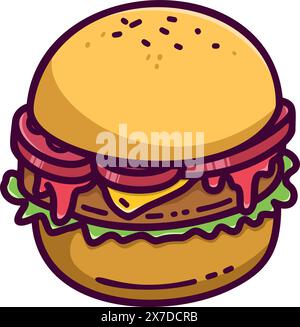 Illustration eines Burgers im Cartoon-Stil. Designelement für Logo, Etikett, Abzeichen, Emblem. Vektorabbildung Stock Vektor