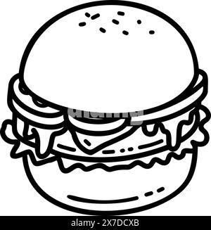 Illustration eines Burgers im Cartoon-Stil. Designelement für Logo, Etikett, Abzeichen, Emblem. Vektorabbildung Stock Vektor