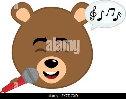 Vektor-Illustration Gesicht brauner Grizzlybär Zeichentrickfilm singend mit einem Mikrofon in der Hand, eine Sprechblase und musikalische Noten Stock Vektor