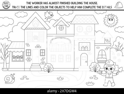 Baustelle Schwarzweiß Zeichnen, Färben, Nachzeichnen und Schreiben Übung mit Haus. Vervollständigen und dekorieren Sie das Baupuzzle. Druckbar Stock Vektor