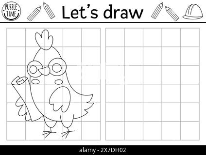 Zeichnen Sie den Hühnerarbeiter. Vektor-Baustellenzeichnung Übungsblatt mit Vogelingenieur mit Plan. Druckbare Schwarzweiß-Aktivität für Kinder. Co Stock Vektor