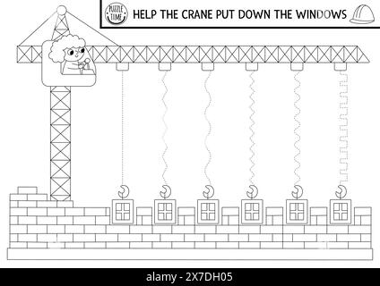 Arbeitsblatt für die Handschrift von Vektoren auf der Baustelle. Reparaturarbeiten druckbare Schwarzweiß-Aktivität für Kinder. Suchspiel für Schreibfähigkeiten. Co Stock Vektor