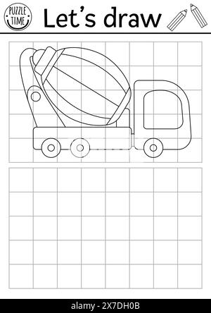 Zeichnen Sie den Betonmischer. Übungsblatt zur Vektorzeichnung auf der Baustelle mit Industriefahrzeug. Druckbare Schwarzweiß-Aktivität für Kinder. Cop Stock Vektor