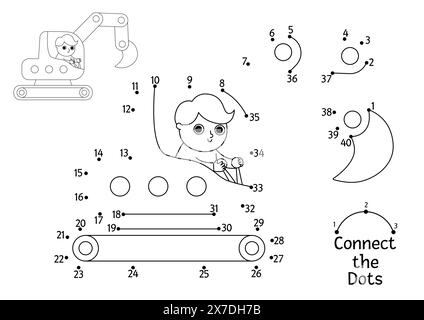 Vektorbaustelle Punkt-zu-Punkt- und Farbaktivität mit Bagger. Bauarbeiten verbinden das Punktspiel für Kinder. Druckbares Arbeitsblatt oder Stock Vektor
