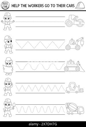 Arbeitsblatt für die Handschrift von Vektoren auf der Baustelle. Reparaturarbeiten druckbare Schwarzweiß-Aktivität für Kinder. Suchspiel für Schreibfähigkeiten. Co Stock Vektor