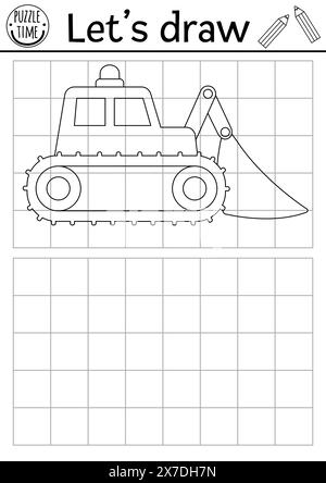 Planierschild zeichnen. Übungsblatt zur Vektorzeichnung auf der Baustelle mit Industriefahrzeug. Druckbare Schwarzweiß-Aktivität für Kinder. Kopieren oder Komp Stock Vektor