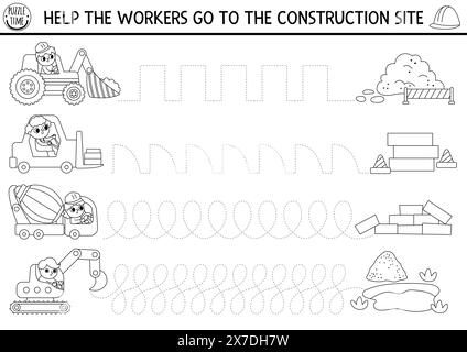 Arbeitsblatt für die Handschrift von Vektoren auf der Baustelle. Reparaturarbeiten druckbare Schwarzweiß-Aktivität für Kinder. Suchspiel für Schreibfähigkeiten. Co Stock Vektor