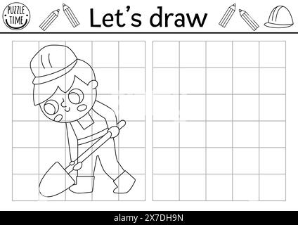 Zeichnen Sie den Arbeiter. Übungsblatt zum Zeichnen von Vektoren auf der Baustelle, in dem der Baumeister mit Spaten grabt. Druckbare Schwarzweiß-Aktivität für Kinder. Cop Stock Vektor