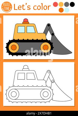 Ausmalseite für die Baustelle für Kinder mit Planierraupe. Umrissdarstellung der Vektorreparatur. Farbbuch für Kinder mit farbigem Beispiel Stock Vektor