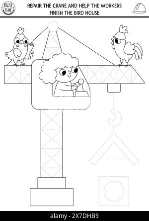 Arbeitsblatt für die Handschrift von Vektoren auf der Baustelle. Reparaturarbeiten druckbare Schwarzweiß-Aktivität für Kinder. Suchspiel für Schreibfähigkeiten. Co Stock Vektor