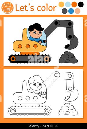 Ausmalseite für die Baustelle für Kinder mit Bagger, Fahrer. Umrissdarstellung der Vektorreparatur. Farbbuch für Kinder mit farbigem Beispiel Stock Vektor