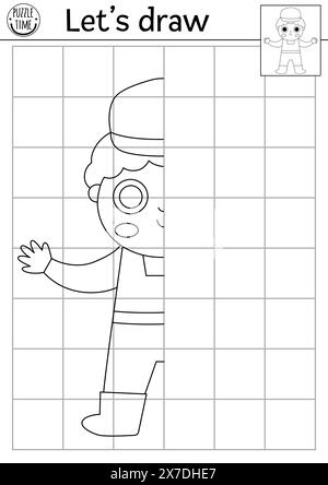 Schließen Sie den Mitarbeiter ab. Arbeitsblatt zur Übung zum symmetrischen Zeichnen von Vektoren auf der Baustelle. Druckbare Schwarzweiß-Aktivität für Kinder. Kopieren Sie das Bild Co Stock Vektor