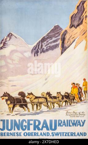 Vintage Swiss Travel Poster. Jungfrau Mountain Railway, von Emil Cardinaux, 1925. Mit den Polarhunden auf dem Jungfraujoch, 3454 m Höhe Stockfoto