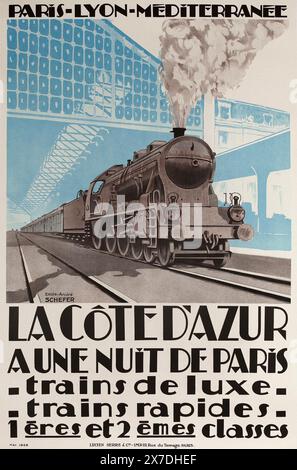 Reiseposter Für Den Vintage-Zug. Nachtzug von Paris zur französischen Riviera. express-Nachtzüge mit PLM 1926. Künstler Emile-André Schefer Stockfoto