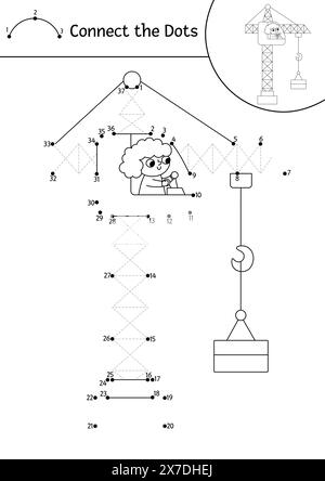 Vektorbaustelle Punkt-zu-Punkt, Farbe und Tracing Aktivität mit Hubkran. Bauarbeiten verbinden das Punktspiel für Kinder. Druckbar Stock Vektor