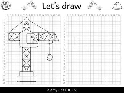 Hubkran ziehen. Übungsblatt zur Zeichnung von Vektorbaustellen mit Industriefahrzeug und Raster mit Zahlen. Druckbare Schwarzweiß-Funktion Stock Vektor