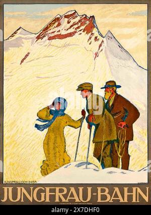 Vintage Swiss Travel Poster. Jungfrau Mountain, von Emil Cardinaux, 1908. Mit Bergsteigern in historischer Kleidung in der Umgebung der Schweizer Alpen Stockfoto