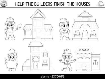 Übungsblatt zur Vektorzeichnung auf der Baustelle. Druckbare Schwarzweiß-Aktivität für Kinder. Reparaturarbeiten auf der Ausmalseite. Helfen Sie den Arbeitern, fertig zu sein Stock Vektor