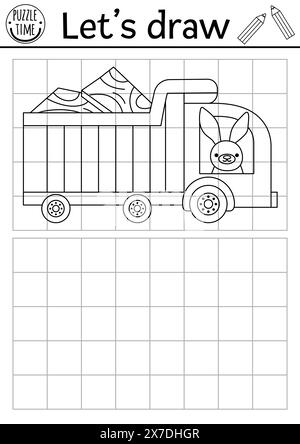 Zeichnen Sie den Stapler. Übungsblatt zur Vektorzeichnung auf der Baustelle mit Industriefahrzeug. Druckbare Schwarzweiß-Aktivität für Kinder. Kopieren oder Komp Stock Vektor