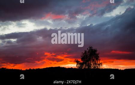 Brennender Himmel, Sonnenuntergang im Waldviertel, Österreich Stockfoto