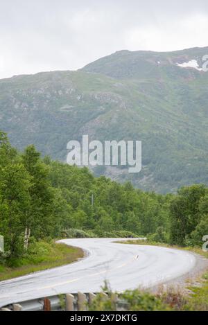 Gewundene Bergstraße in Norwegen mit Blick auf große Fjorde an einem nebeligen, regnerischen Sommertag. Stockfoto