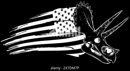 Fossiler Dinosaurierschädel in weißer Linie auf schwarzem Hintergrund Stock Vektor