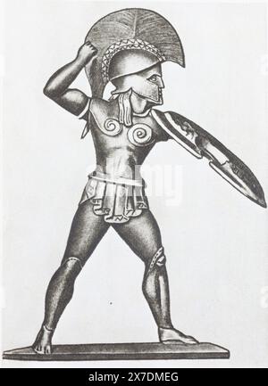 Hoplite in voller Rüstung. Figur aus dem dorianischen Heiligtum in Dodona. Foto aus der Mitte des 20. Jahrhunderts. Stockfoto