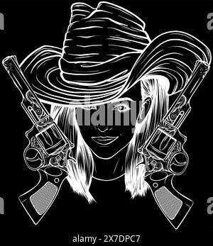 vector Cowgirl in Schwarz-Weiß-Umrissen Stock Vektor
