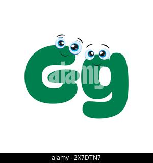 Niedlicher grüner Großbuchstaben- und Kleinbuchstaben mit G-Zeichentrickfigur. Lächelnder G-Buchstabe aus dem Alphabet für Kinder zum Lernen. Stock Vektor