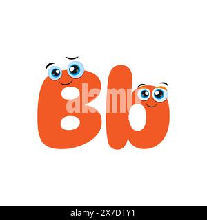 Orangefarbene niedliche Zeichentrickfigur des Groß- und Kleinbuchstaben B. illustrierte Alphabetfiguren mit lustigen Augen. Lustiger Kinderbrief mit Augen. Ve Stock Vektor