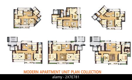 Architektonische Illustration eines modernen Apartments mit Möbeln in Wohnzimmer, Zimmer, Küche, Esszimmer und Balkon Stockfoto