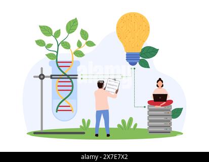 Genetische Forschung, wissenschaftliches digitales Projekt, Biotechnologie. Winzige Menschen wachsen grüne Pflanze aus DNA Helix, arbeiten mit futuristischer intelligenter Verbindung von Glühbirne und Flasche Cartoon Vektor Illustration Stock Vektor