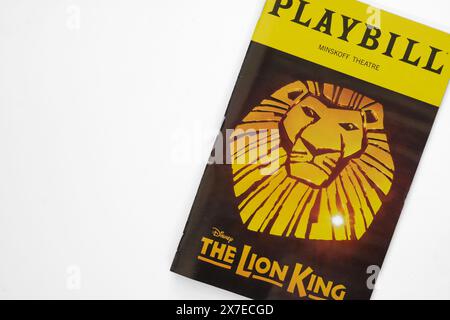 Playbill für Disney's The Lion King Musical Production präsentiert im Minskoff Theatre am Broadway in New York City; Theaterproduktionsprogramm. Stockfoto