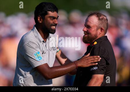 Sahit Theegala aus den Vereinigten Staaten feiert seinen Birdie im 18. Loch während der vierten Runde der PGA Championship 2024 im Valhalla Golf Club am 1. Mai Stockfoto