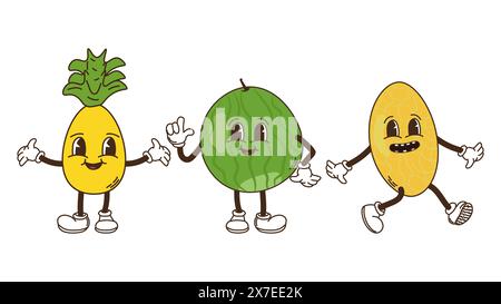 Obst und Beeren im groovigen Stil. Ananas Wassermelone und Melone. Charaktere trendiges Retro-Comic-Maskottchen. Bannerposter entwerfen. Y2K Hippie 70er, 80er Jahre Vektorabbildung. Stock Vektor