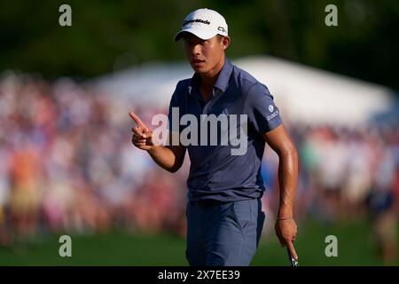 Collin Morikawa aus den Vereinigten Staaten feiert seinen Birdie im 18. Loch während der vierten Runde der PGA Championship 2024 im Valhalla Golf Club im Mai Stockfoto