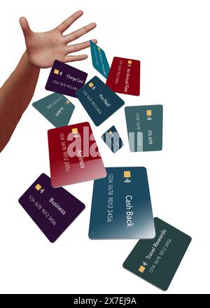 Eine Hand lässt viele Arten von Kreditkarten fallen, darunter Visitenkarten, Fluggesellschaften, Cash Back, Reiseprämien, Prepaid, Student, keine Jahresgebühr. Das ist ein 3D i Stockfoto