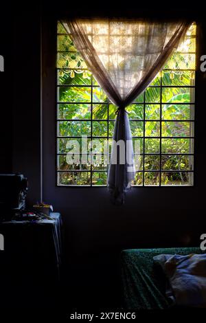 Am frühen Morgen auf der vietnamesischen Landschaft, Schlafzimmer mit Sonnenlicht, Fenster mit Blick auf den Garten, Moskitonetz mit Schatten machen romantisches Bett, einfaches Zimmer in Stockfoto