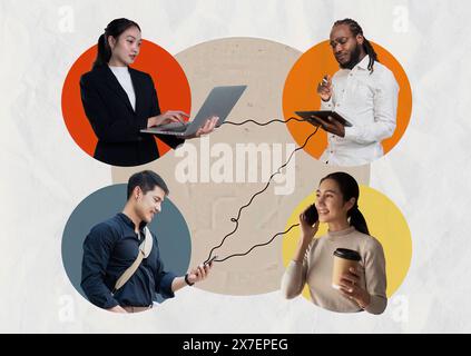Fotocollage von Menschen Diversität Gruppe Kommunikation moderne Technologien isoliert beigefarbenen Hintergrund, Gruppe von Menschen, Geschäftspartner Stockfoto