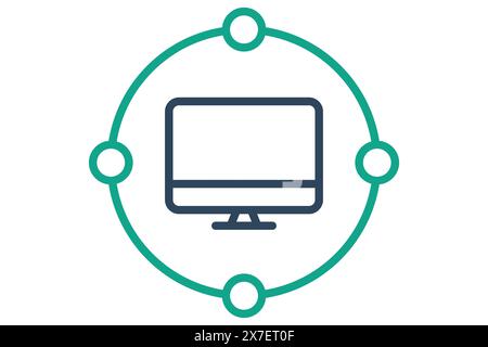 Netzwerksymbol. Computer mit Netzwerk. Symbol für Informationstechnologie. Liniensymbolstil. Illustration des Technologieelements Vektor Stock Vektor