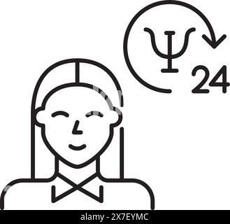 Lächelnde Frau im Hemd und 24-Stunden-Hotline-Symbol für psychologische Unterstützung. Online-psychische Gesundheitsversorgung. Vektorsymbol Stock Vektor