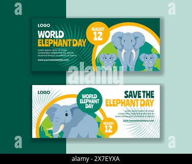 Elephant Day Horizontal Banner Flat Cartoon Hand Gezeichnete Vorlagen Hintergrund Illustration Stock Vektor