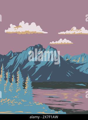 WPA-Poster von Jackson Lake im Grand Teton National Park in Wyoming, USA, in der Projektverwaltung von Works oder AR Stock Vektor