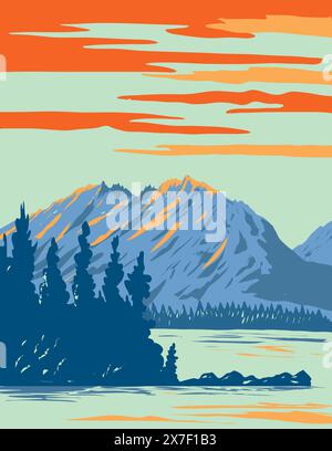 WPA-Posterkunst des Leigh Lake im Grand Teton National Park in Wyoming, USA, hergestellt in der Verwaltung von Bauprojekten oder Kunst Stock Vektor