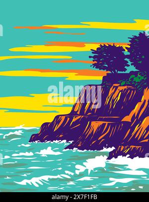 WPA-Plakatkunst des Surfstrandes am Pleasure Point Beach in Santa Cruz, Kalifornien, USA, USA, in der Projektverwaltung von Works. Stock Vektor