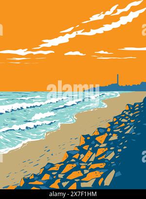 WPA-Poster von Surf Beach am North Ponto Beach im South Carlsbad State Beach Park in Carlsbad, Kalifornien, USA, in Bauprojekten Stock Vektor