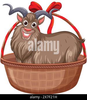 Fröhliche Ziege, die in einem gewebten Korb sitzt Stock Vektor