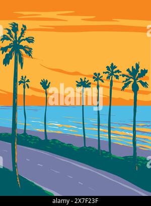 WPA-Poster mit Surfstrand am Tamarack Surf Beach in Carlsbad State Beach in Carlsbad, Kalifornien, USA, erledigt in Works Projektverwaltung Stock Vektor